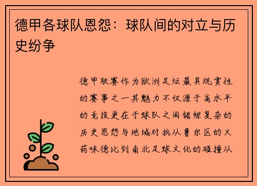 德甲各球队恩怨：球队间的对立与历史纷争